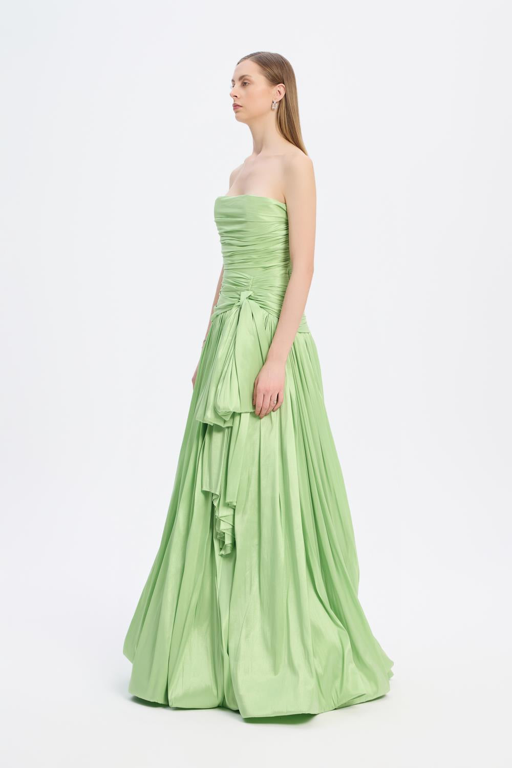 Strapless Collar Taffeta Long Evening Dress with Bow Detail - 9173C