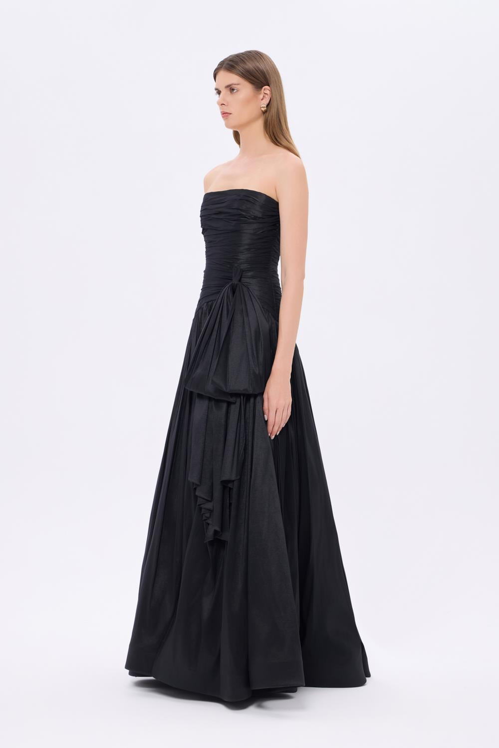 Strapless Collar Taffeta Long Evening Dress with Bow Detail - 9173C