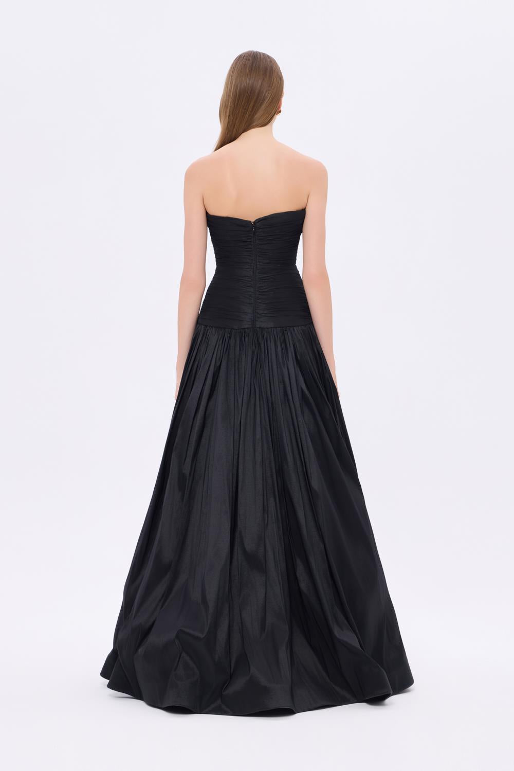 Strapless Collar Taffeta Long Evening Dress with Bow Detail - 9173C