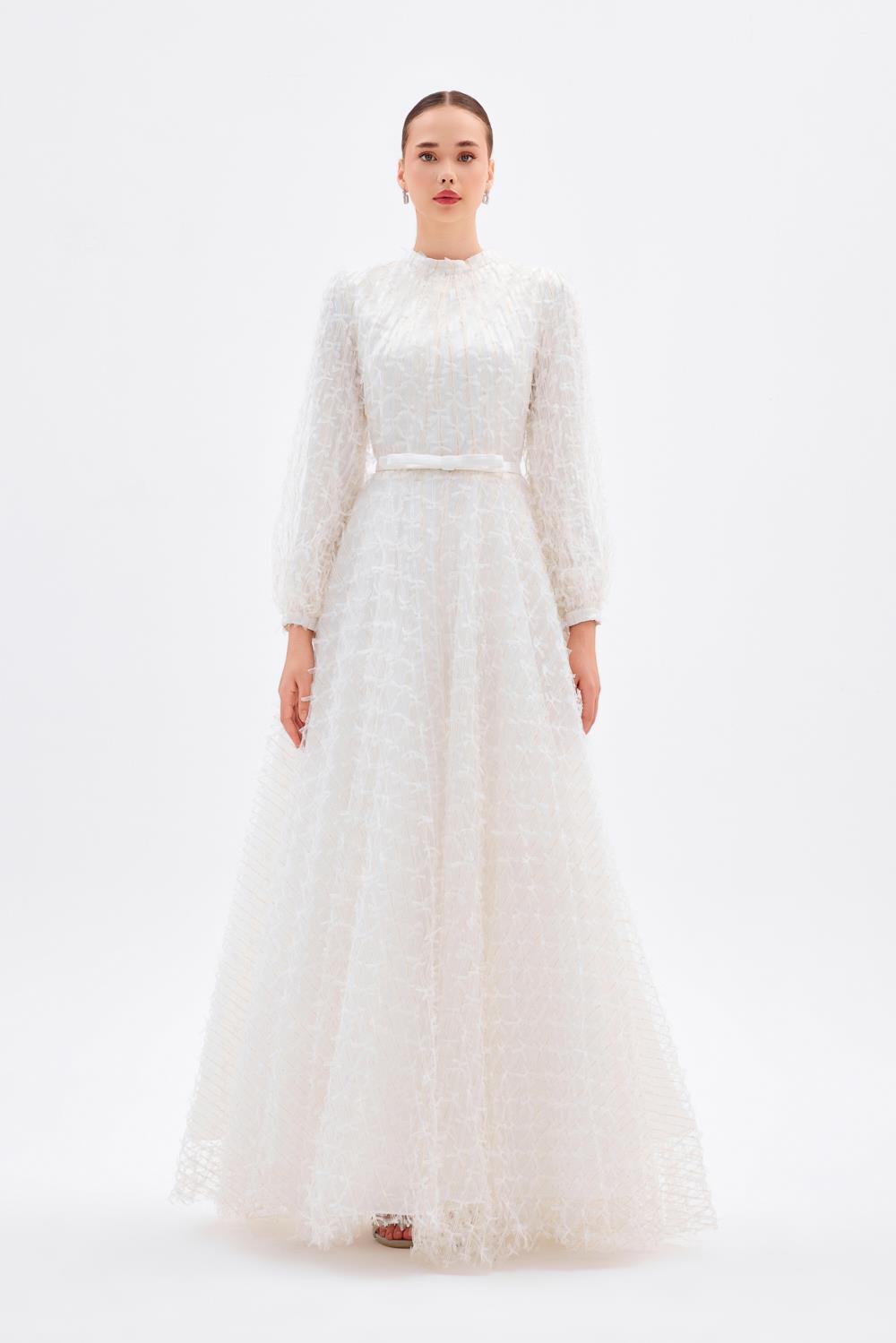 Bowknot Lace Fabric Long Sleeve Evening Gowns Long Evening Dress - 9194C