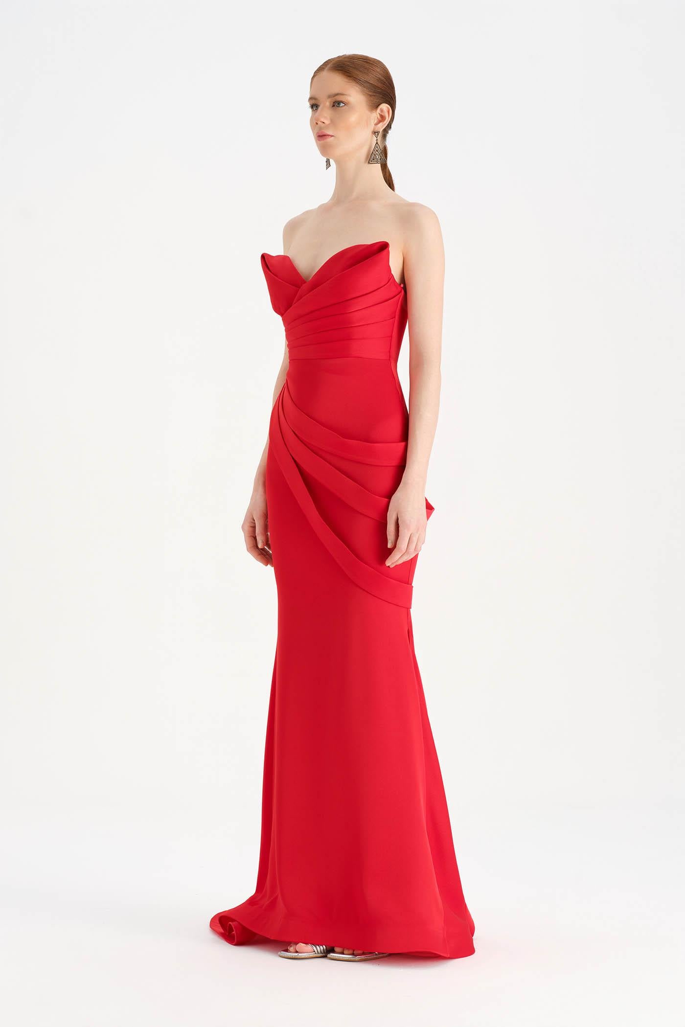 Bant Detaylı Drapeli Balık Abiye Elbise - 26021C