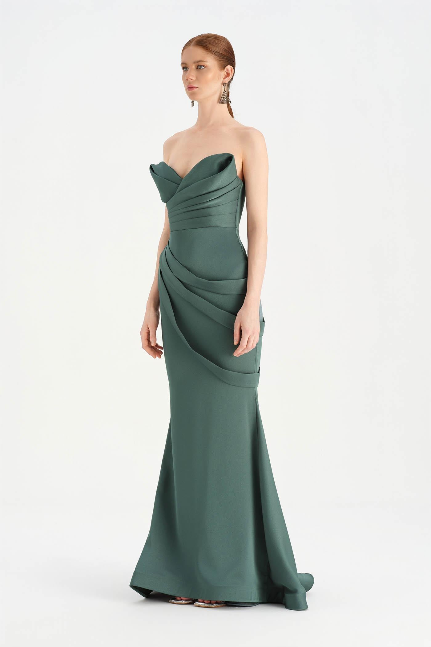 Bant Detaylı Drapeli Balık Abiye Elbise - 26021C