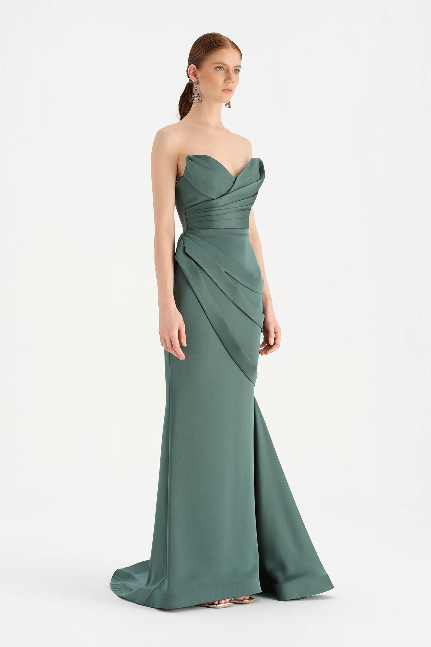 Bant Detaylı Drapeli Balık Abiye Elbise - 26021C