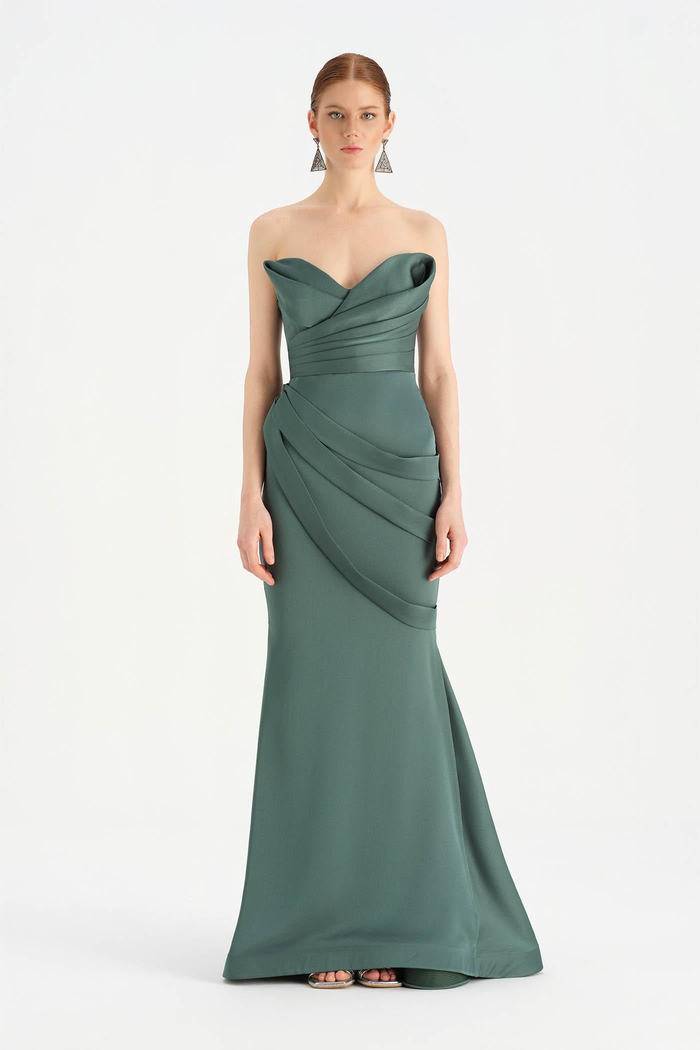 Band Detailed Draped Fish Evening Dress - 26021C