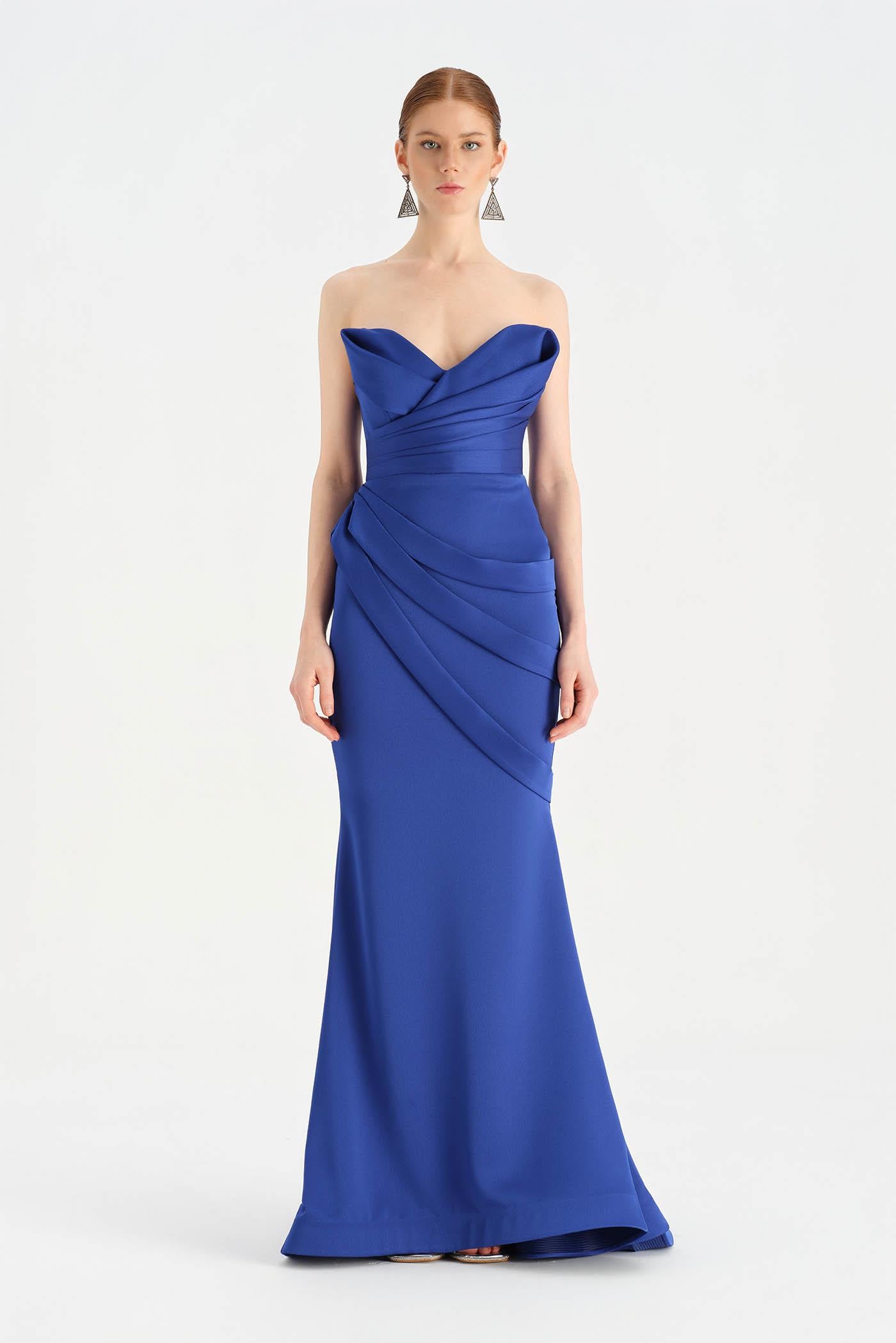 Band Detailed Draped Fish Evening Dress - 26021C