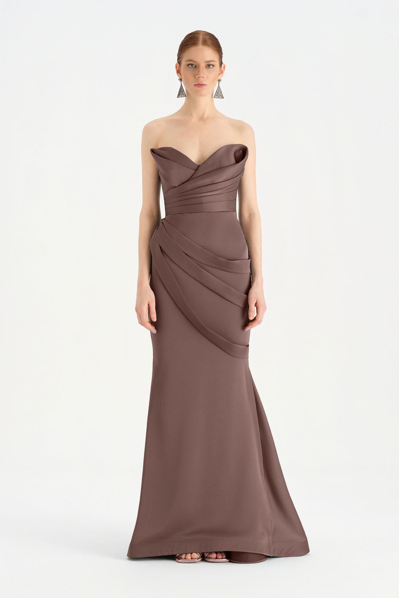 Band Detailed Draped Fish Evening Dress - 26021C