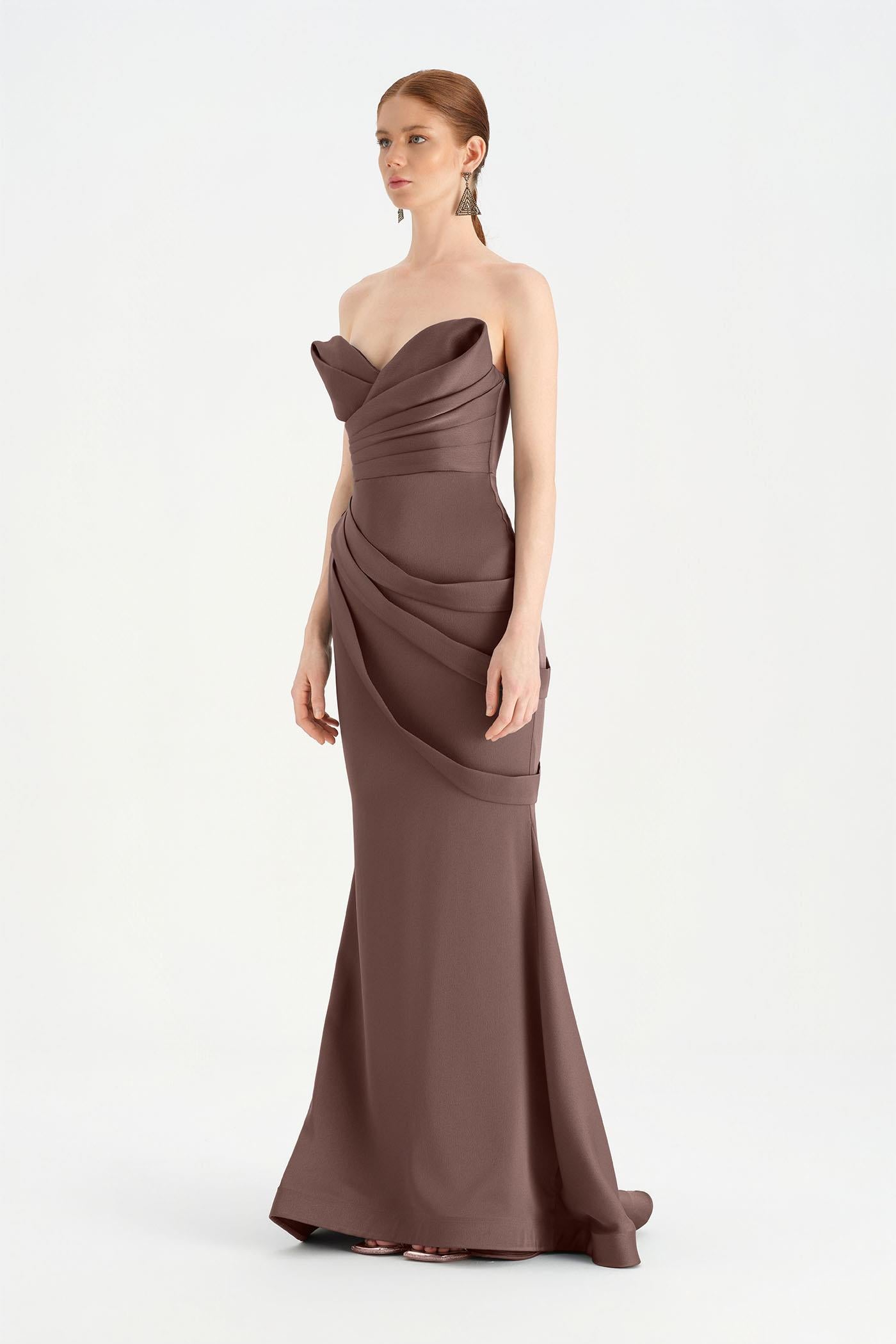 Band Detailed Draped Fish Evening Dress - 26021C