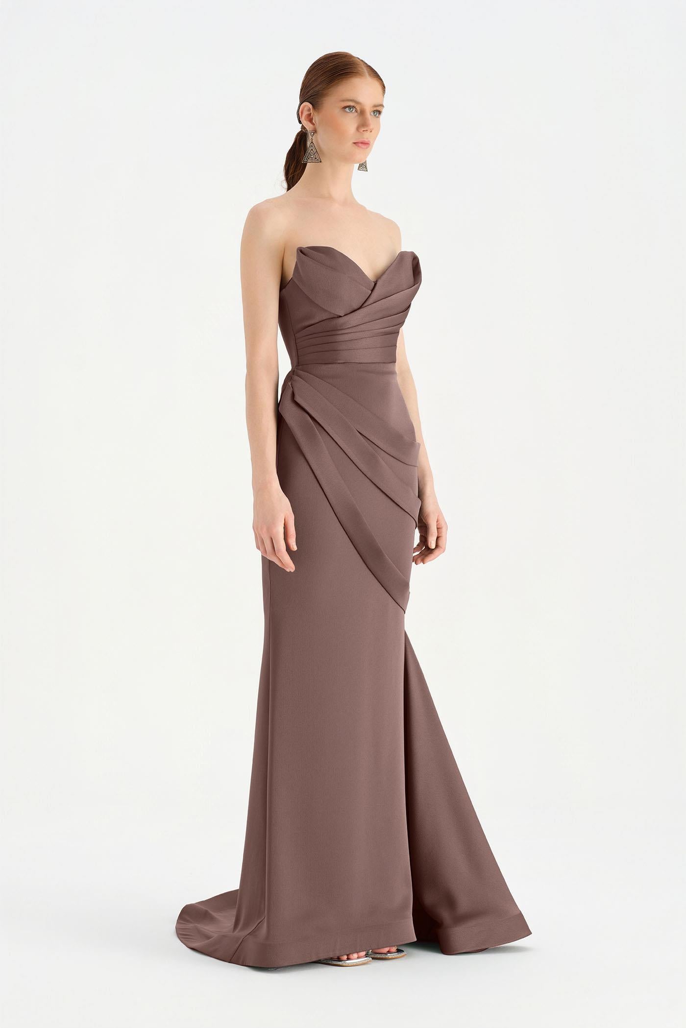 Band Detailed Draped Fish Evening Dress - 26021C
