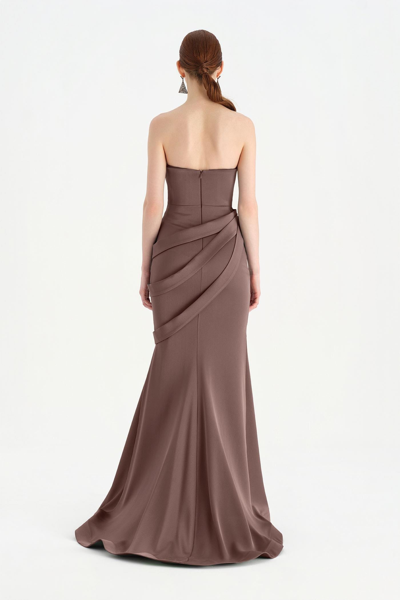 Band Detailed Draped Fish Evening Dress - 26021C