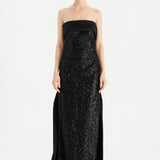 Göğüs Saten Katlamalı Drape Detaylı Taşlı Abiye Elbise- 26077C - SİYAH