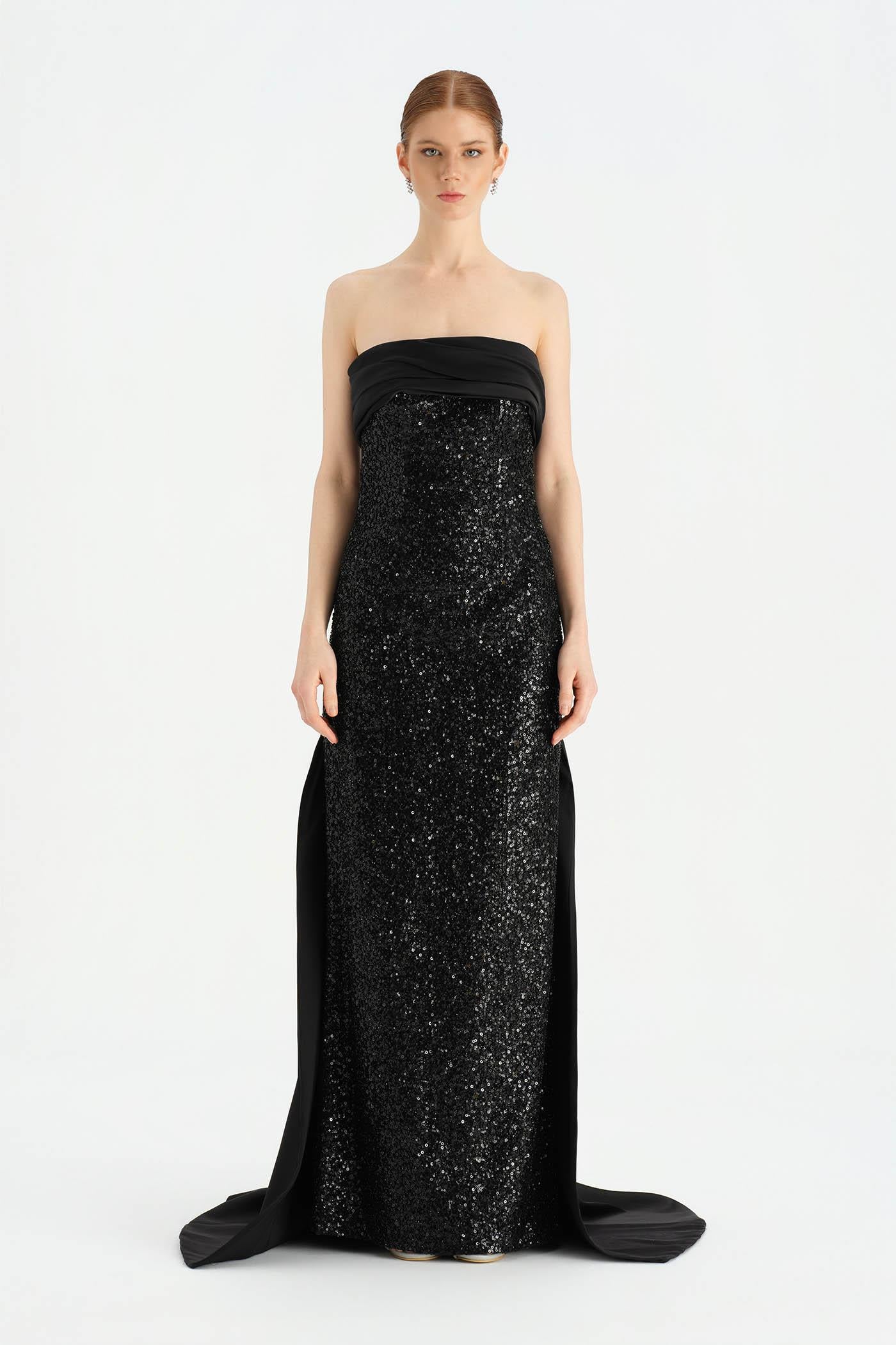 Göğüs Saten Katlamalı Drape Detaylı Taşlı Abiye Elbise- 26077C - SİYAH