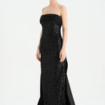 Göğüs Saten Katlamalı Drape Detaylı Taşlı Abiye Elbise- 26077C - SİYAH