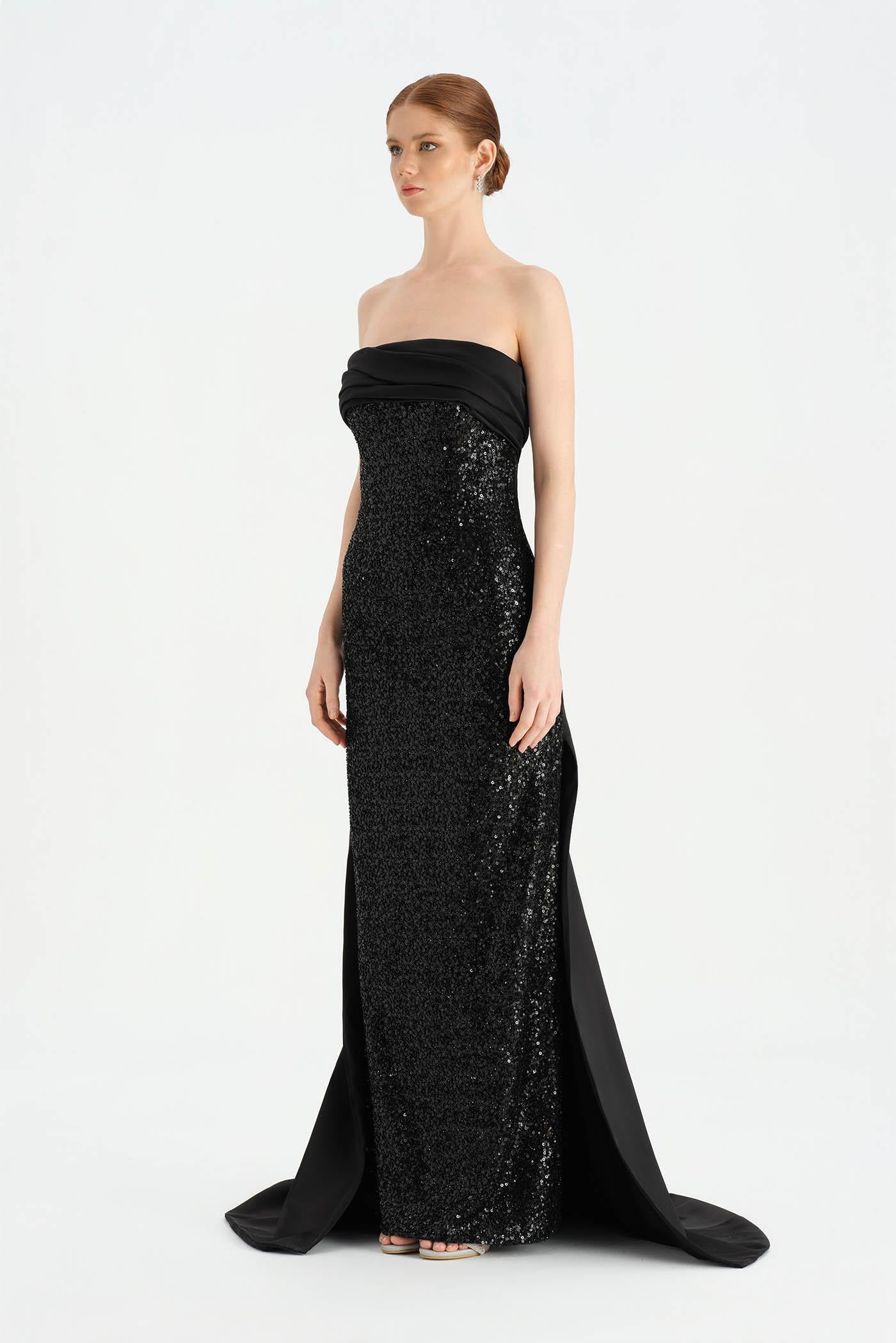 Göğüs Saten Katlamalı Drape Detaylı Taşlı Abiye Elbise- 26077C - SİYAH