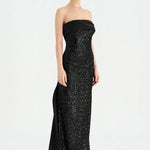 Göğüs Saten Katlamalı Drape Detaylı Taşlı Abiye Elbise- 26077C - SİYAH