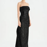 Göğüs Saten Katlamalı Drape Detaylı Taşlı Abiye Elbise- 26077C - SİYAH