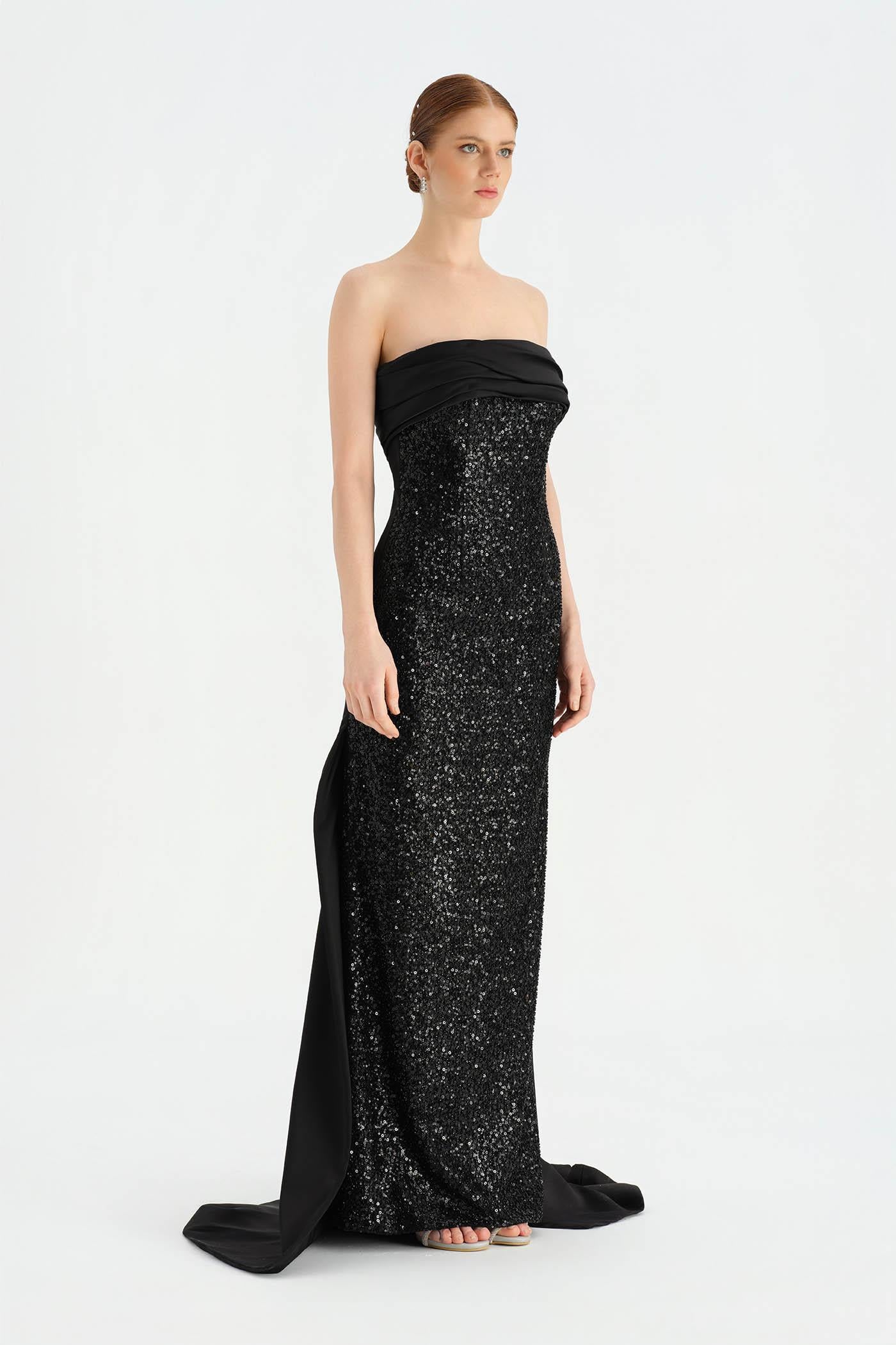 Göğüs Saten Katlamalı Drape Detaylı Taşlı Abiye Elbise- 26077C - SİYAH