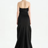 Göğüs Saten Katlamalı Drape Detaylı Taşlı Abiye Elbise- 26077C - SİYAH