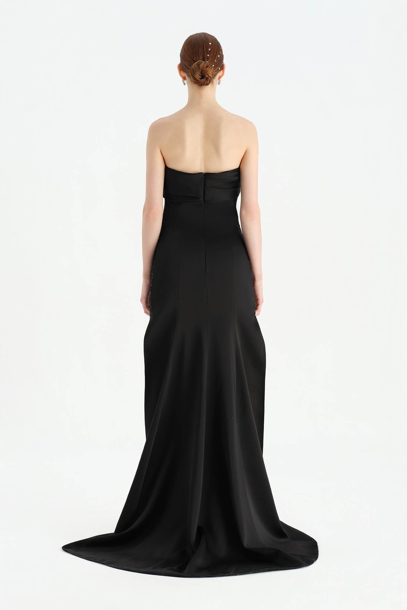 Göğüs Saten Katlamalı Drape Detaylı Taşlı Abiye Elbise- 26077C - SİYAH