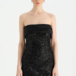 Göğüs Saten Katlamalı Drape Detaylı Taşlı Abiye Elbise- 26077C - SİYAH