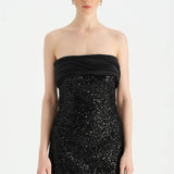 Göğüs Saten Katlamalı Drape Detaylı Taşlı Abiye Elbise- 26077C - SİYAH