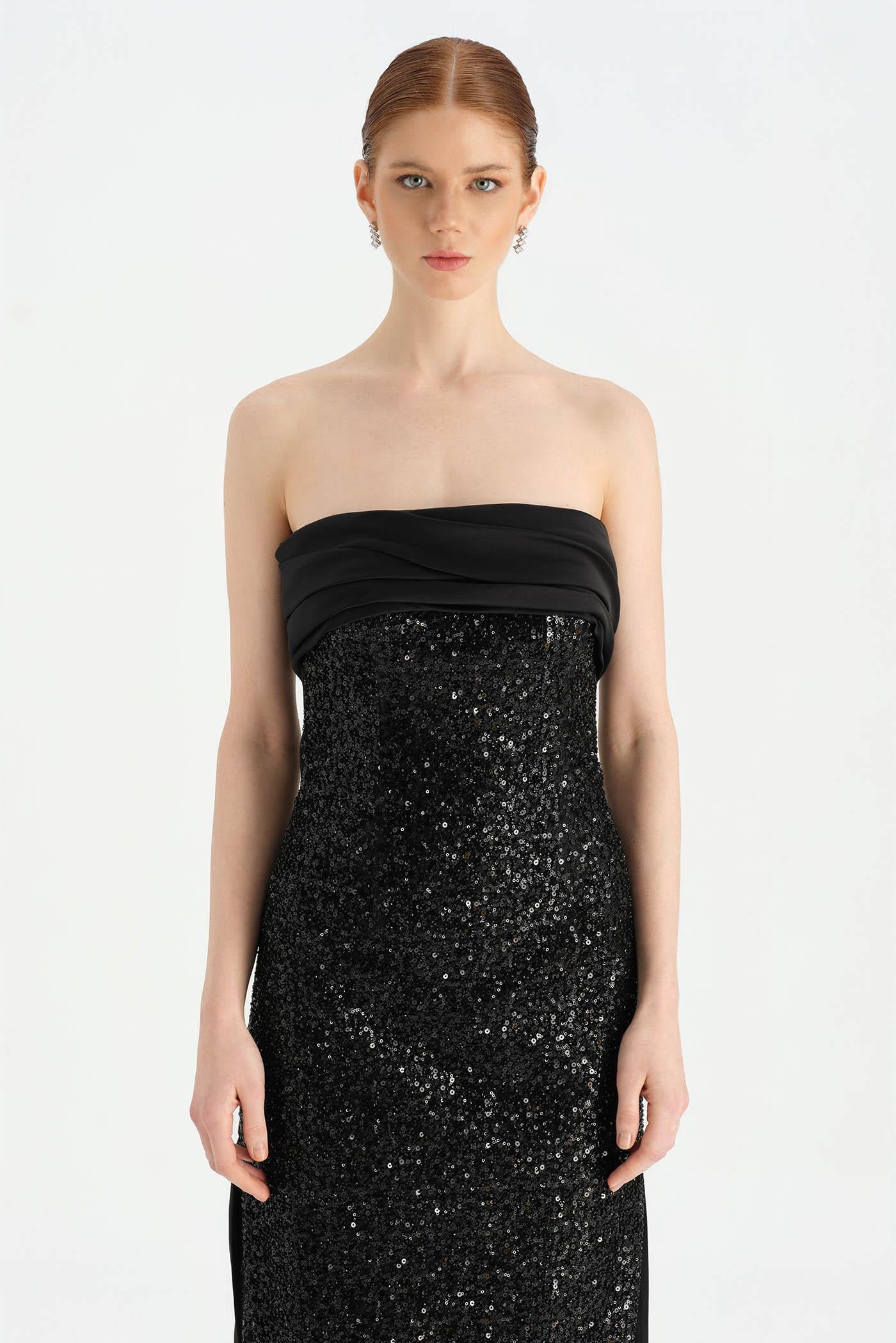 Göğüs Saten Katlamalı Drape Detaylı Taşlı Abiye Elbise- 26077C - SİYAH