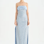 Göğüs Saten Katlamalı Drape Detaylı Taşlı Abiye Elbise- 26077C - Bebe Mavi