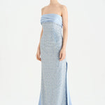 Göğüs Saten Katlamalı Drape Detaylı Taşlı Abiye Elbise- 26077C - Bebe Mavi