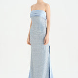 Göğüs Saten Katlamalı Drape Detaylı Taşlı Abiye Elbise- 26077C - Bebe Mavi