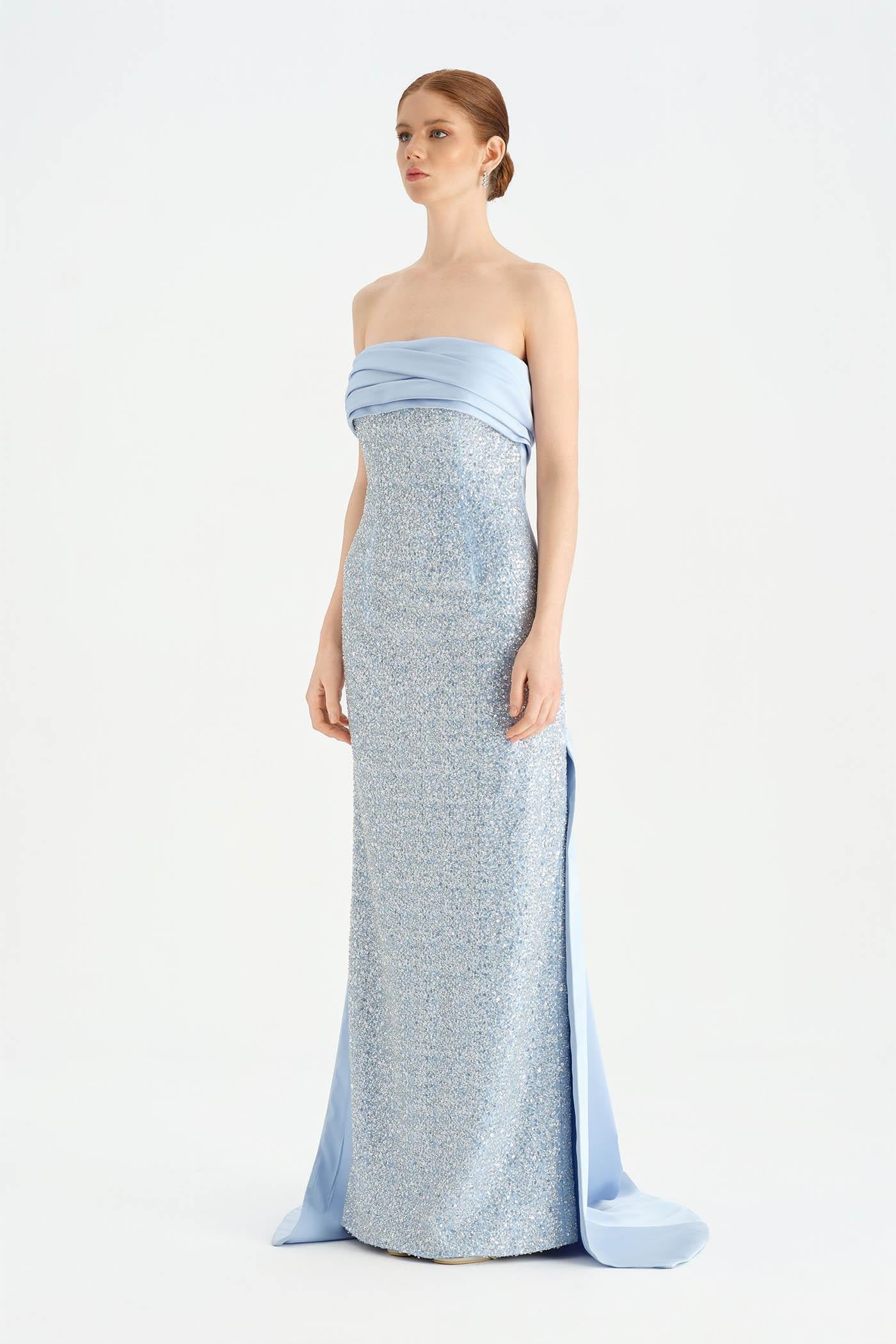 Göğüs Saten Katlamalı Drape Detaylı Taşlı Abiye Elbise- 26077C - Bebe Mavi