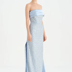 Göğüs Saten Katlamalı Drape Detaylı Taşlı Abiye Elbise- 26077C - Bebe Mavi