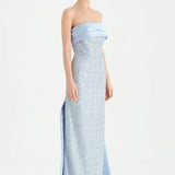 Göğüs Saten Katlamalı Drape Detaylı Taşlı Abiye Elbise- 26077C - Bebe Mavi