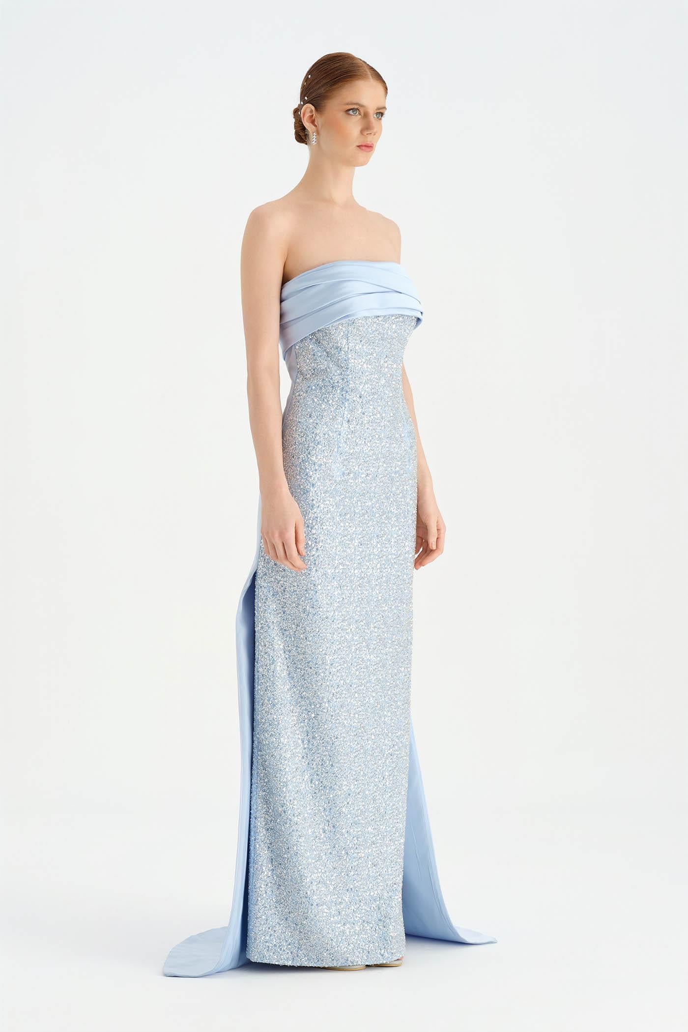 Göğüs Saten Katlamalı Drape Detaylı Taşlı Abiye Elbise- 26077C - Bebe Mavi