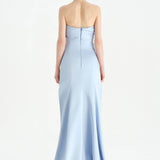 Göğüs Saten Katlamalı Drape Detaylı Taşlı Abiye Elbise- 26077C - Bebe Mavi