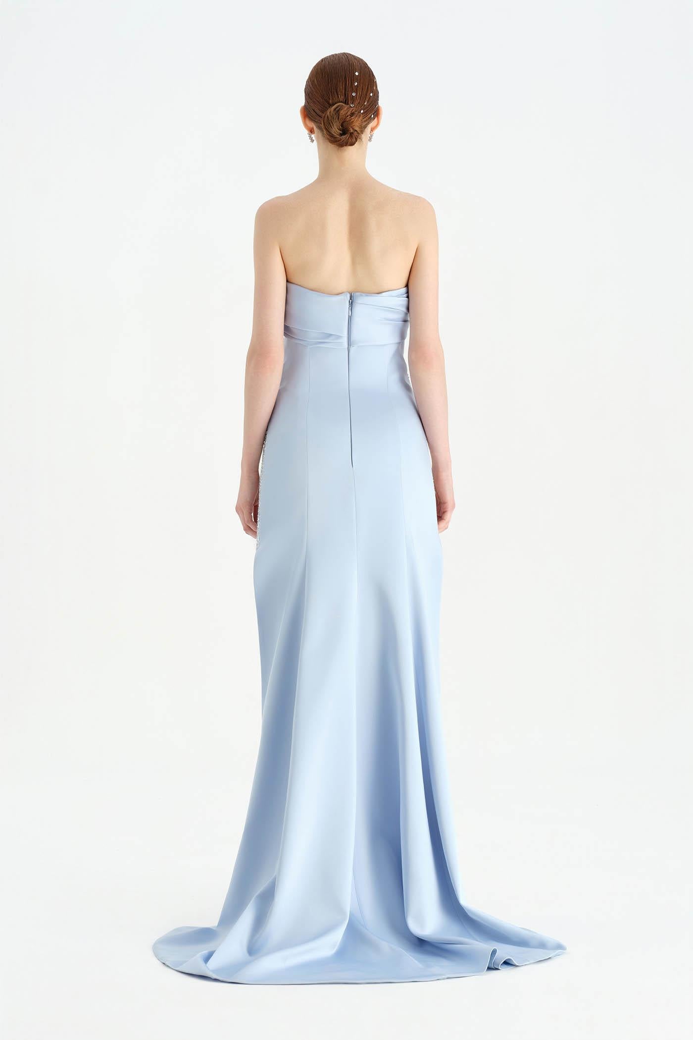 Göğüs Saten Katlamalı Drape Detaylı Taşlı Abiye Elbise- 26077C - Bebe Mavi