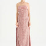 Göğüs Saten Katlamalı Drape Detaylı Taşlı Abiye Elbise- 26077C - PEMBE