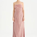 Göğüs Saten Katlamalı Drape Detaylı Taşlı Abiye Elbise- 26077C - PEMBE