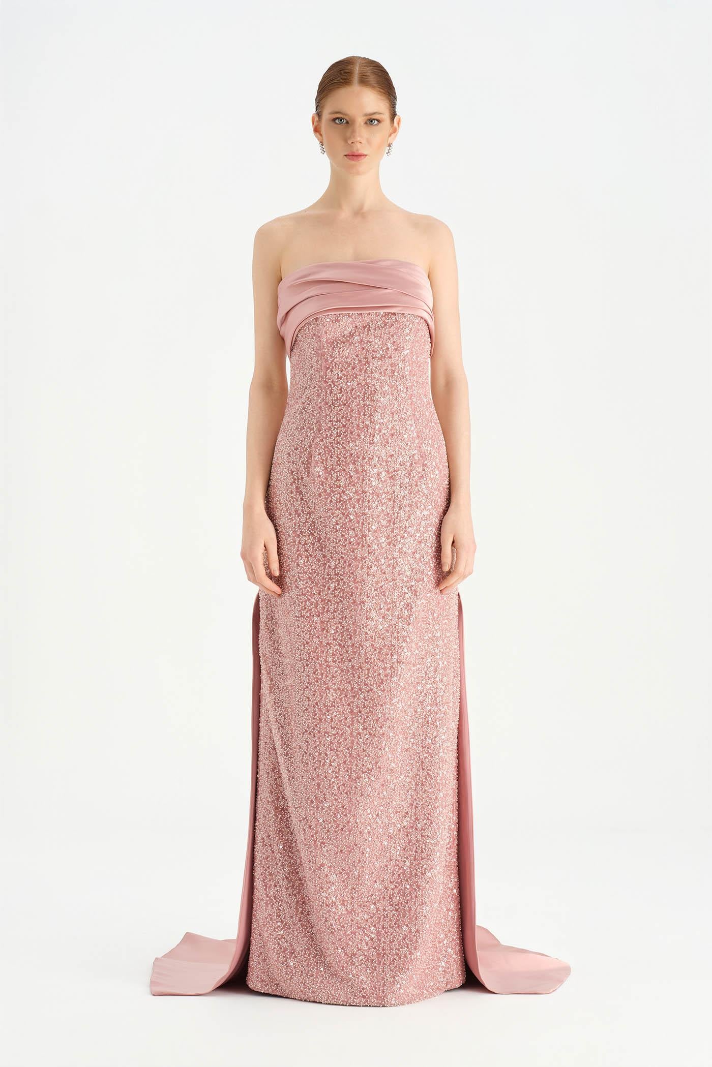 Göğüs Saten Katlamalı Drape Detaylı Taşlı Abiye Elbise- 26077C - PEMBE