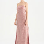 Göğüs Saten Katlamalı Drape Detaylı Taşlı Abiye Elbise- 26077C - PEMBE