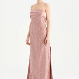 Göğüs Saten Katlamalı Drape Detaylı Taşlı Abiye Elbise- 26077C - PEMBE