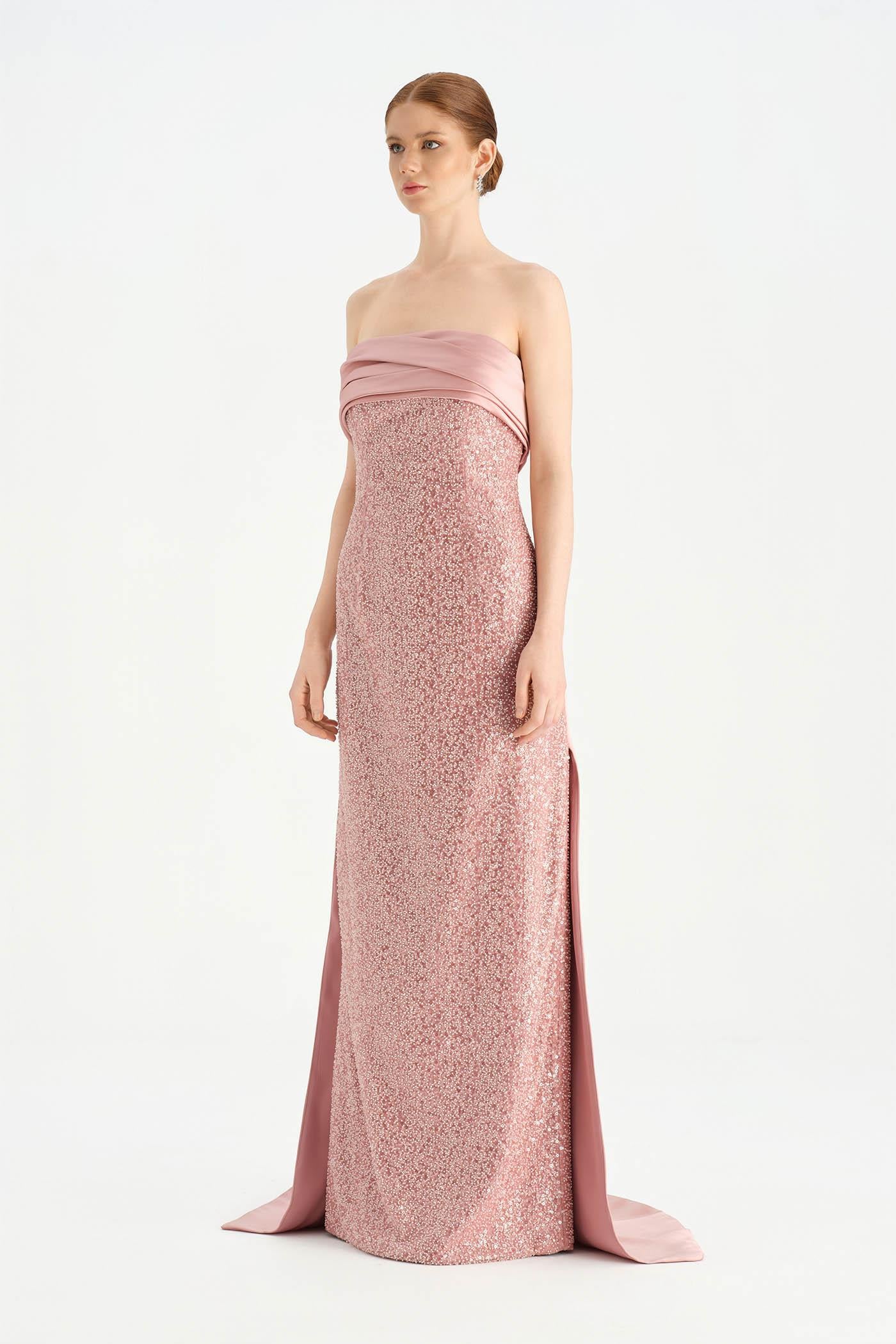 Göğüs Saten Katlamalı Drape Detaylı Taşlı Abiye Elbise- 26077C - PEMBE