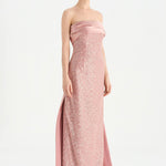 Göğüs Saten Katlamalı Drape Detaylı Taşlı Abiye Elbise- 26077C - PEMBE