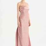 Göğüs Saten Katlamalı Drape Detaylı Taşlı Abiye Elbise- 26077C - PEMBE