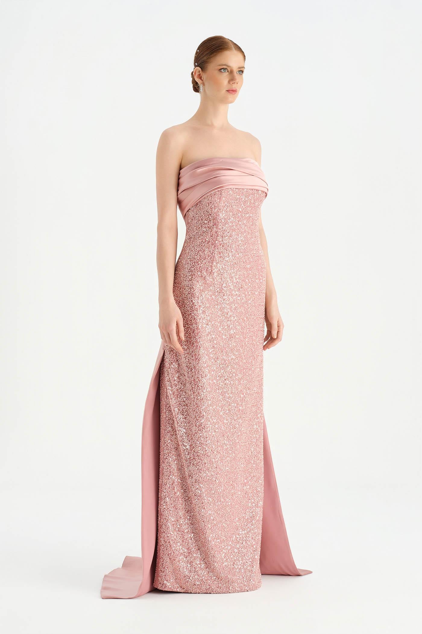 Göğüs Saten Katlamalı Drape Detaylı Taşlı Abiye Elbise- 26077C - PEMBE