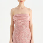 Göğüs Saten Katlamalı Drape Detaylı Taşlı Abiye Elbise- 26077C - PEMBE