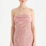 Göğüs Saten Katlamalı Drape Detaylı Taşlı Abiye Elbise- 26077C - PEMBE