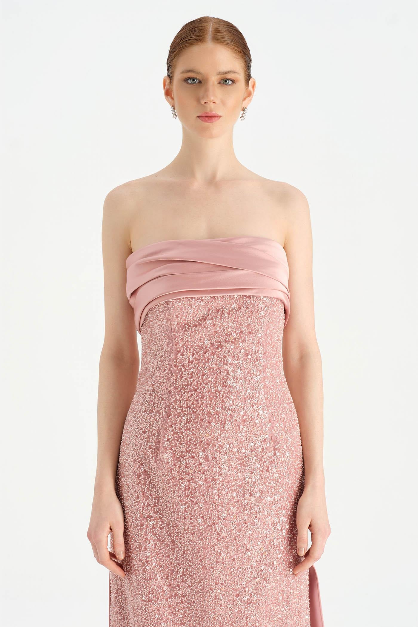 Göğüs Saten Katlamalı Drape Detaylı Taşlı Abiye Elbise- 26077C - PEMBE