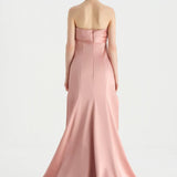 Göğüs Saten Katlamalı Drape Detaylı Taşlı Abiye Elbise- 26077C - PEMBE