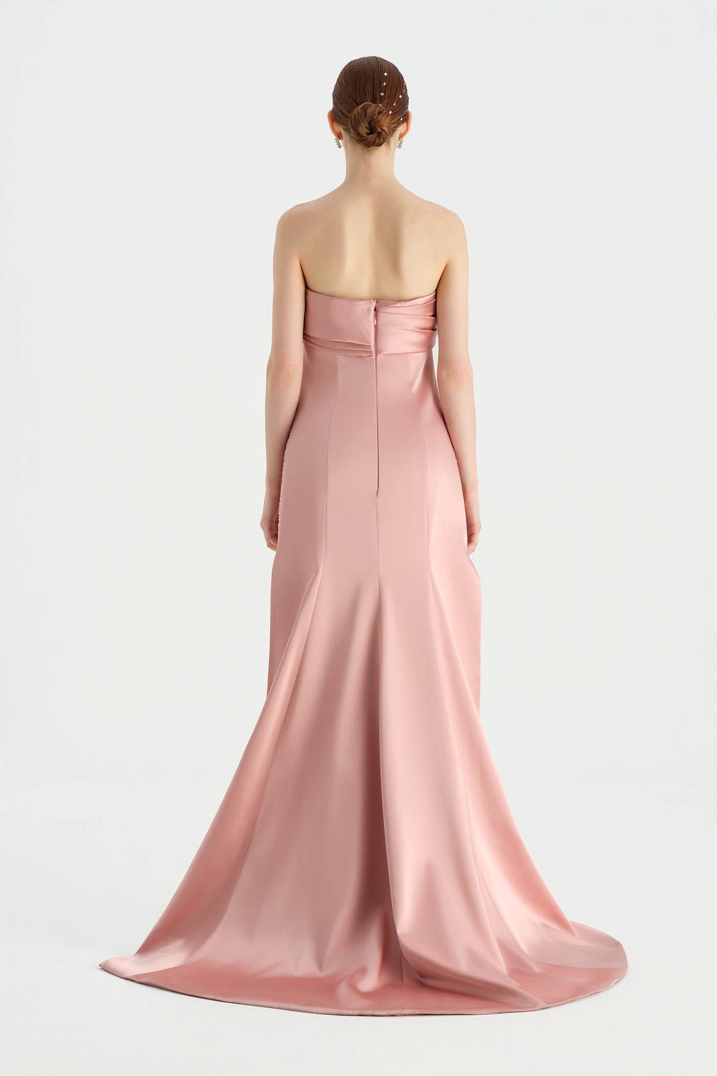 Göğüs Saten Katlamalı Drape Detaylı Taşlı Abiye Elbise- 26077C - PEMBE