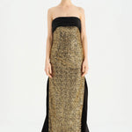 Göğüs Saten Katlamalı Drape Detaylı Taşlı Abiye Elbise- 26077C - Siyah - Gold