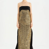 Göğüs Saten Katlamalı Drape Detaylı Taşlı Abiye Elbise- 26077C - Siyah - Gold